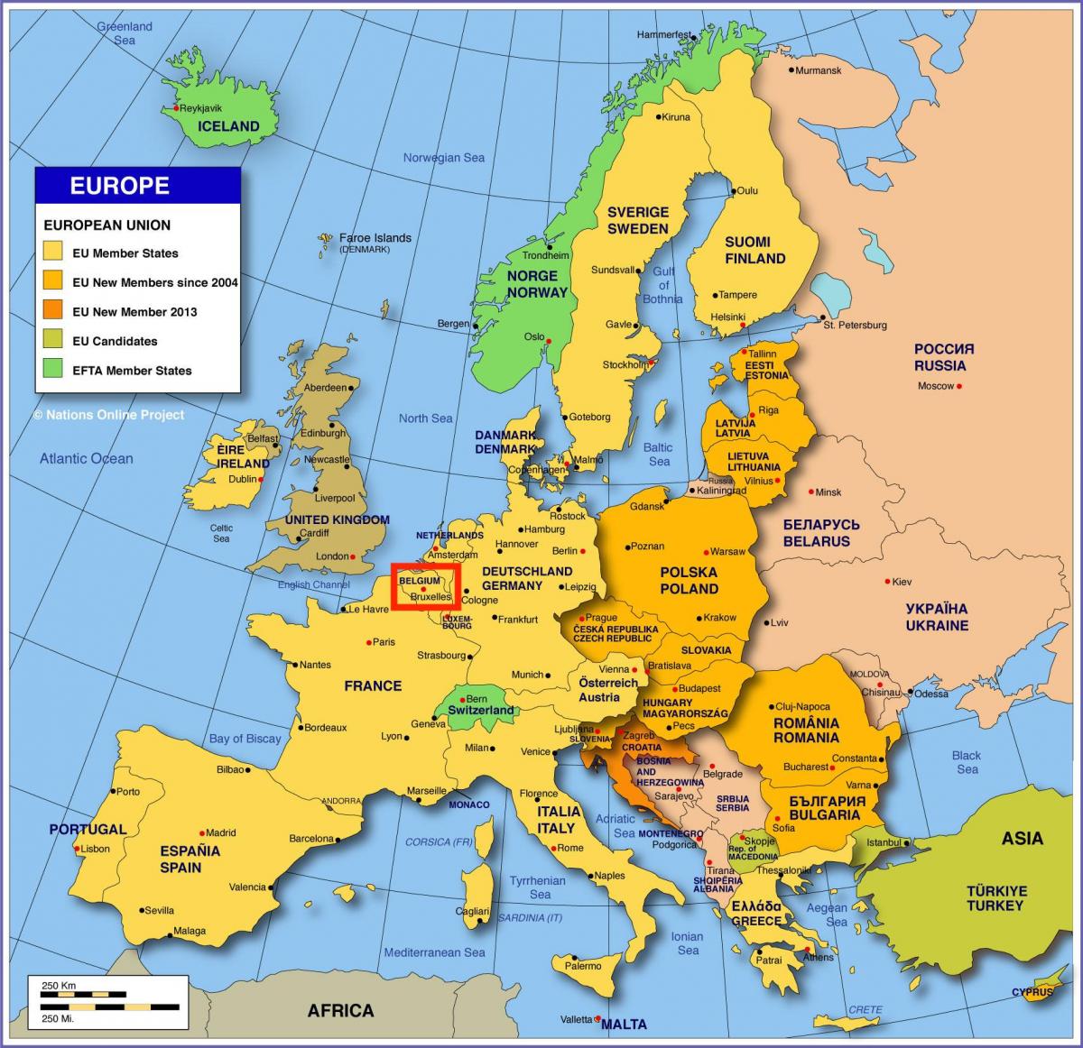 mapa de europa, mostrando Bruselas
